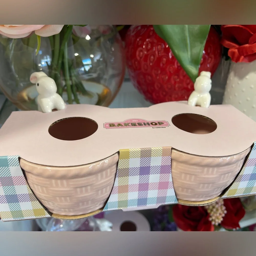 Pink Bunny Basket Spring Easter Ceramic Ramekins Bakeshop Set of 2 NWT